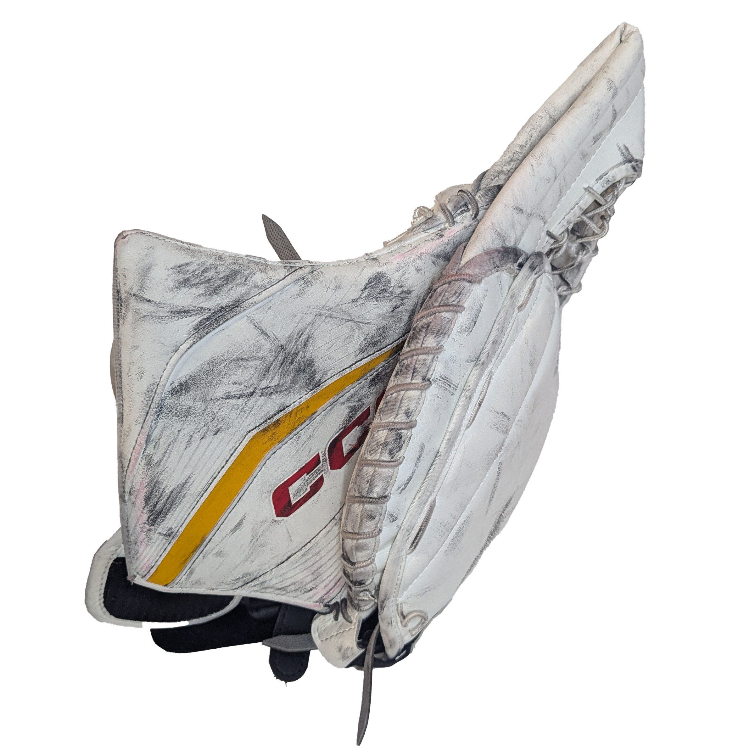 CCM Extreme Flex 6 - Gant de gardien de but AHL Pro Stock d'occasion (blanc/jaune/rouge)
